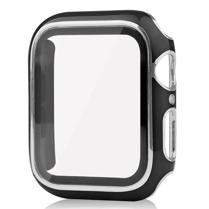 For Apple Watch Series 9 / 8 / 7 41mm Hard PC Electroplating Anti-drop Watch Case Frame Cover with Tempered Glass Screen Protective Film - Black / Silver