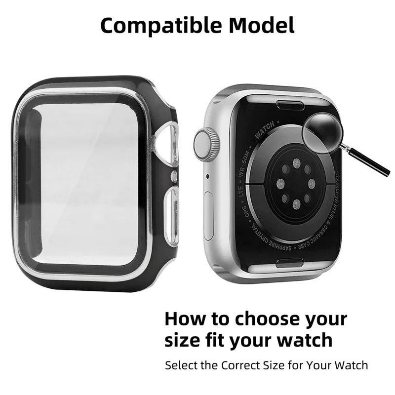 For Apple Watch Series 9 / 8 / 7 41mm Hard PC Electroplating Anti-drop Watch Case Frame Cover with Tempered Glass Screen Protective Film - Black / Silver