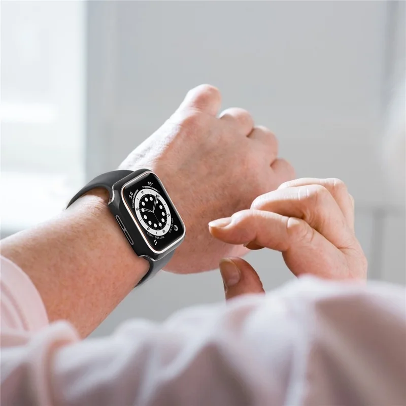 For Apple Watch Series 9 / 8 / 7 41mm Hard PC Electroplating Anti-drop Watch Case Frame Cover with Tempered Glass Screen Protective Film - Black / Silver