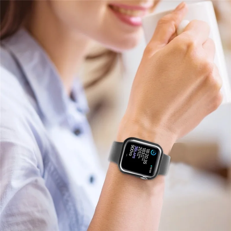 For Apple Watch Series 9 / 8 / 7 41mm Hard PC Electroplating Anti-drop Watch Case Frame Cover with Tempered Glass Screen Protective Film - Black / Silver