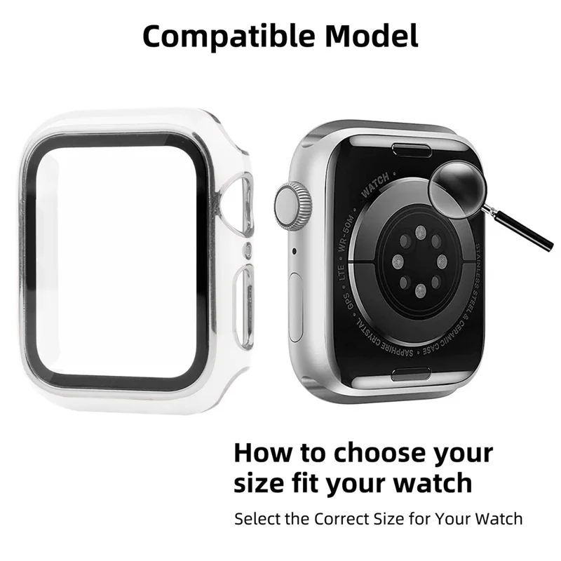 Electroplating Hard PC Watch Case Cover with Tempered Glass Screen Protector for Apple Watch Series 9 / 8 / 7 45mm - White / Silver