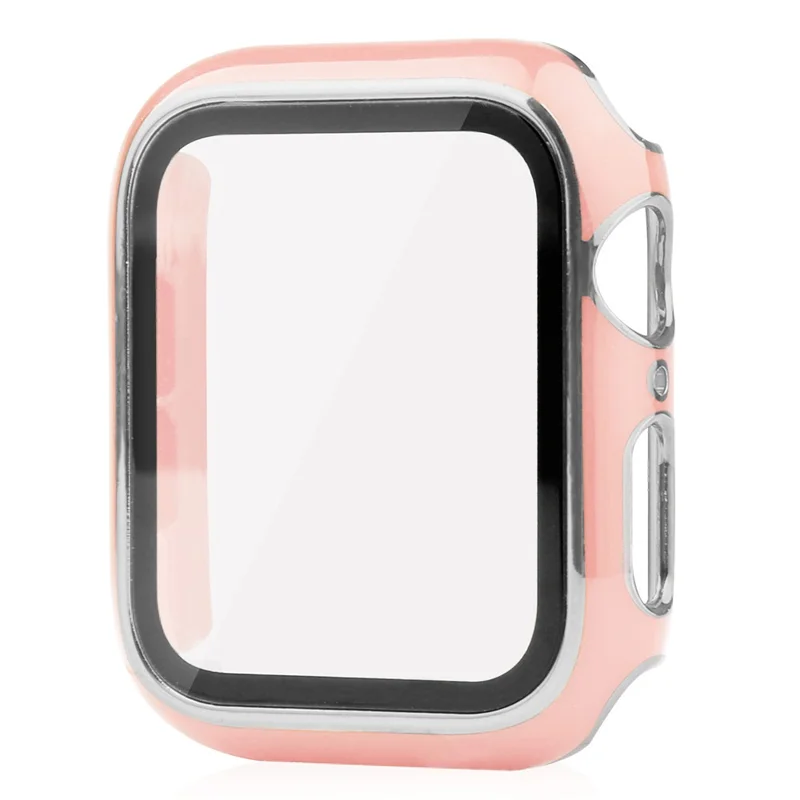 Electroplating Hard PC Watch Case Cover with Tempered Glass Screen Protector for Apple Watch Series 9 / 8 / 7 45mm - Pink / Silver