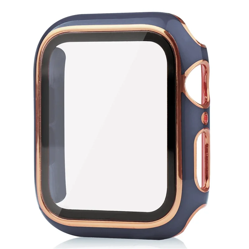 Electroplating Hard PC Watch Case Cover with Tempered Glass Screen Protector for Apple Watch Series 9 / 8 / 7 45mm - Blue / Gold