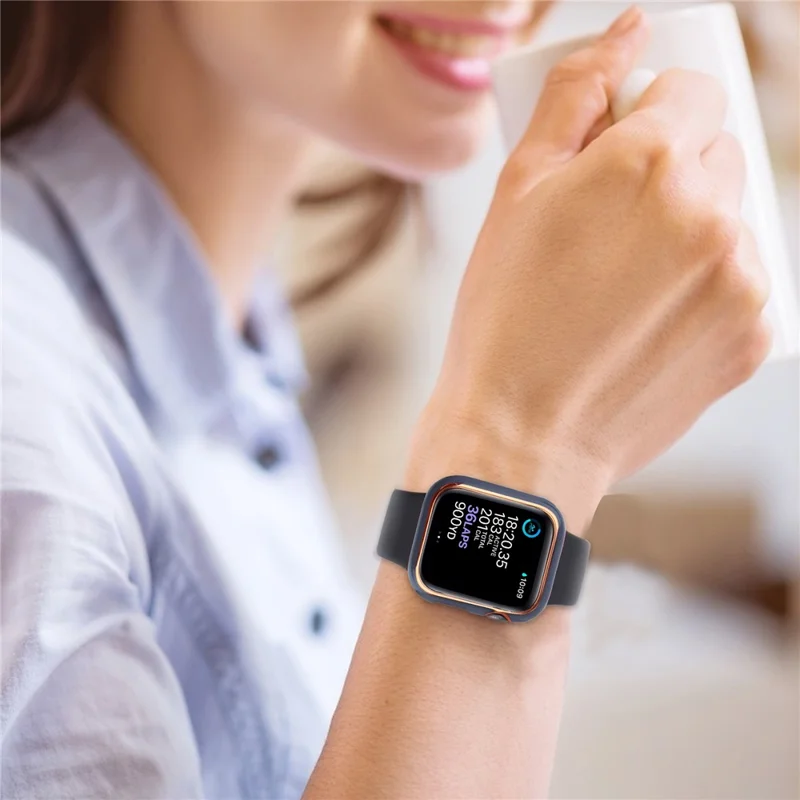 Electroplating Hard PC Watch Case Cover with Tempered Glass Screen Protector for Apple Watch Series 9 / 8 / 7 45mm - Blue / Gold