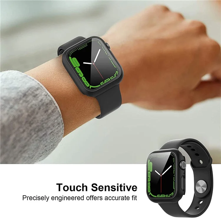 For Apple Watch Series 9 / 8 / 7 41mm 2Pcs Scratch-resistant 2-in-1 PC Watch Frame Cover with Tempered Glass Screen Protector Film - Black