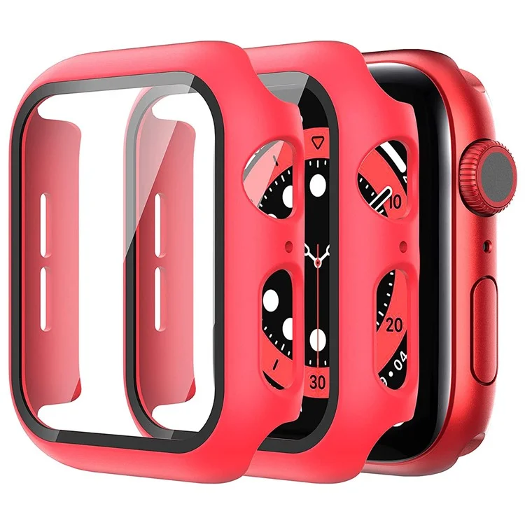 For Apple Watch Series 9 / 8 / 7 41mm 2Pcs Scratch-resistant 2-in-1 PC Watch Frame Cover with Tempered Glass Screen Protector Film - Red
