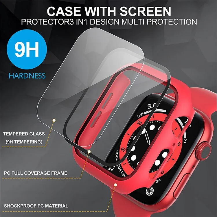 For Apple Watch Series 9 / 8 / 7 41mm 2Pcs Scratch-resistant 2-in-1 PC Watch Frame Cover with Tempered Glass Screen Protector Film - Red