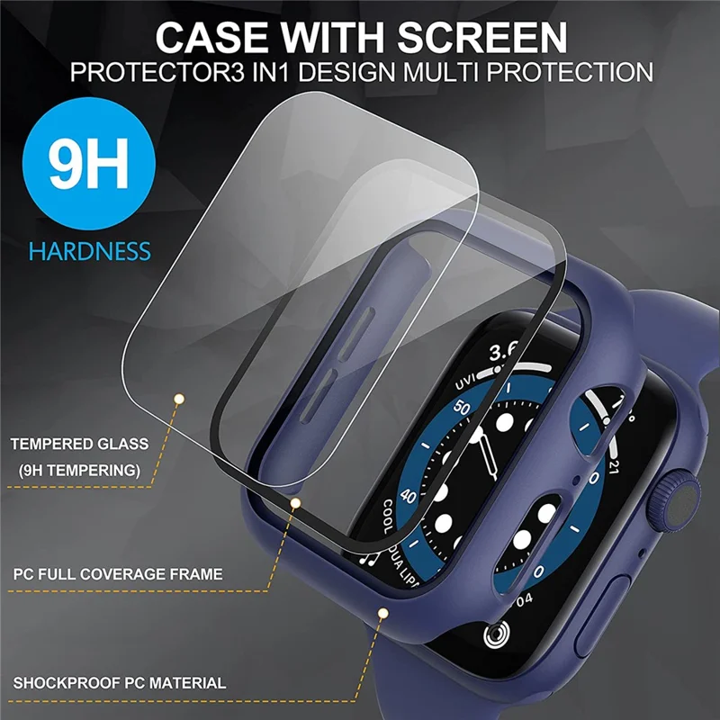 For Apple Watch Series 9 / 8 / 7 41mm 2Pcs Scratch-resistant 2-in-1 PC Watch Frame Cover with Tempered Glass Screen Protector Film - Blue