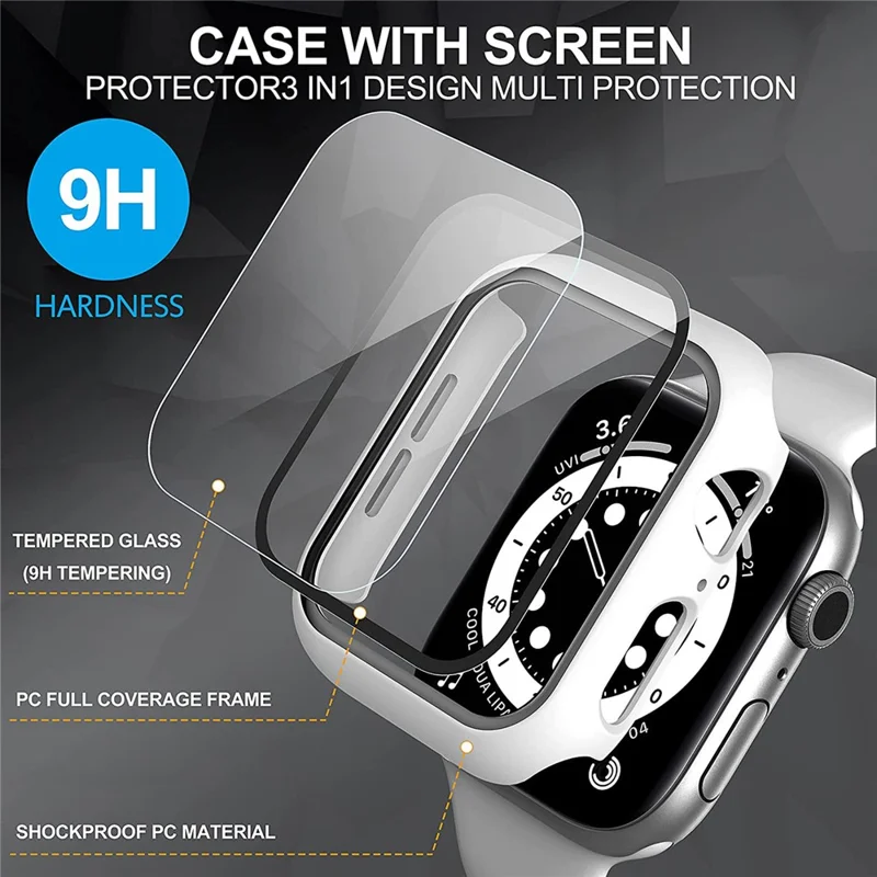 2Pcs Hard PC Smartwatch Frame Case+Tempered Glass Screen Protector for Apple Watch Series 9 / 8 / 7 45mm - White
