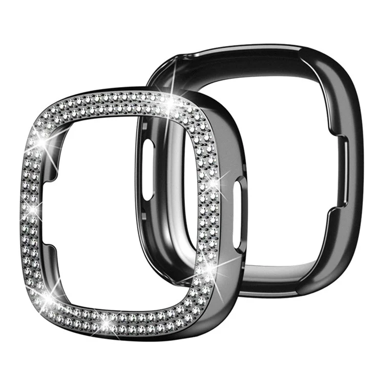 For Fitbit Versa 4 / Sense 2 Two Row Rhinestones Decor Hard PC Smart Watch Case Anti-scratch Protective Frame - Black