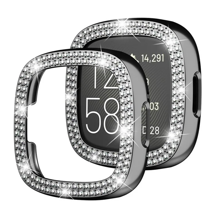 For Fitbit Versa 4 / Sense 2 Two Row Rhinestones Decor Hard PC Smart Watch Case Anti-scratch Protective Frame - Black