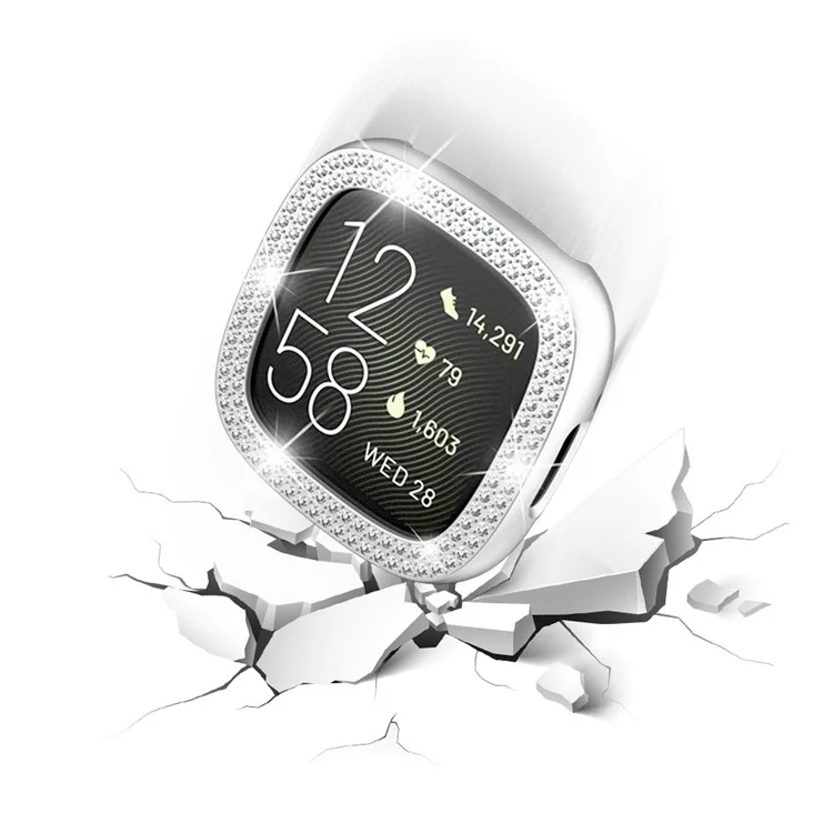 For Fitbit Versa 4 / Sense 2 Two Row Rhinestones Decor Hard PC Smart Watch Case Anti-scratch Protective Frame - Silver