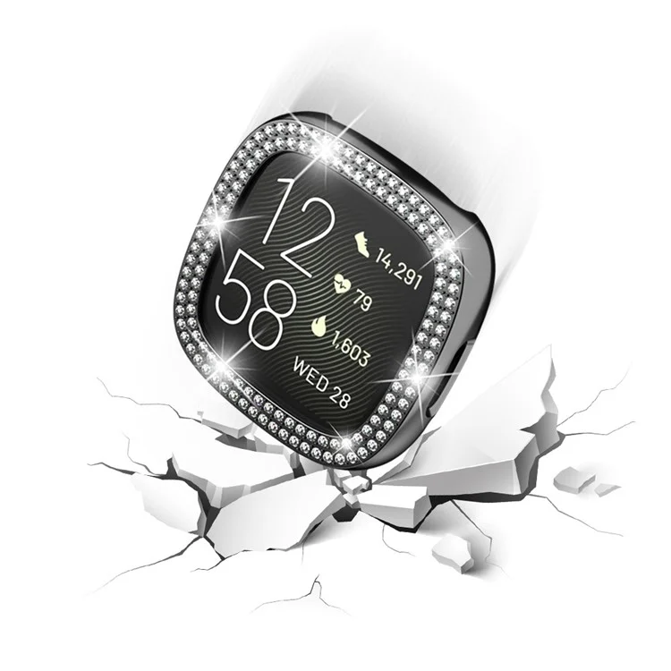For Fitbit Versa 4 / Sense 2 Two Row Rhinestones Decor Hard PC Smart Watch Case Anti-scratch Protective Frame - Silver