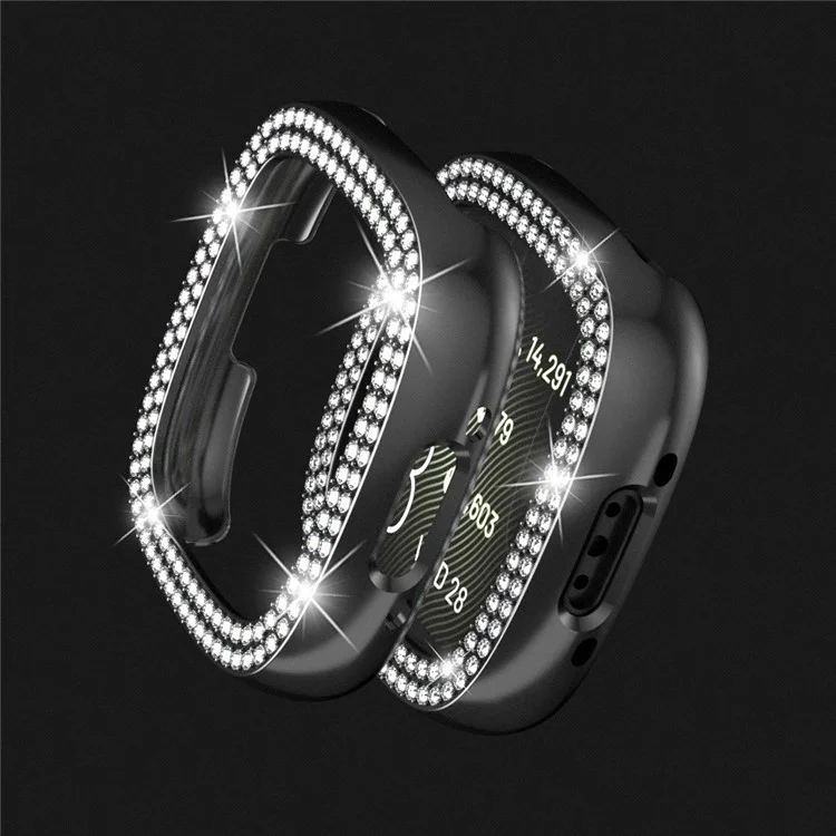 For Fitbit Versa 4 / Sense 2 Two Row Rhinestones Decor Hard PC Smart Watch Case Anti-scratch Protective Frame - Silver
