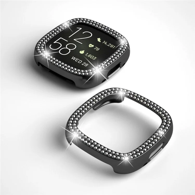 For Fitbit Versa 4 / Sense 2 Two Row Rhinestones Decor Hard PC Smart Watch Case Anti-scratch Protective Frame - Silver