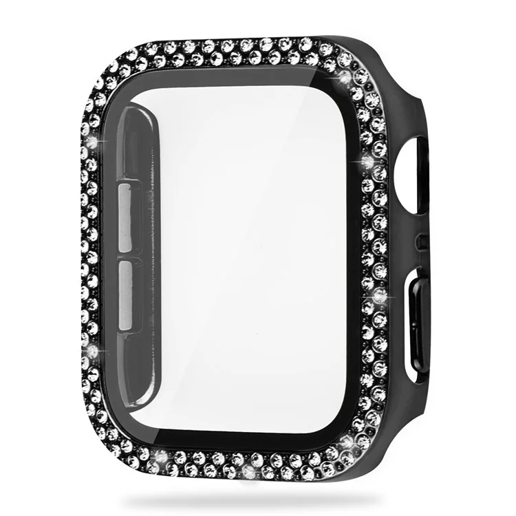 For Apple Watch Series 9 / 8 / 7 45mm Double Rhinestone Decor Protective Cover Hard PC Bumper Frame with Tempered Glass Screen Protector - Black