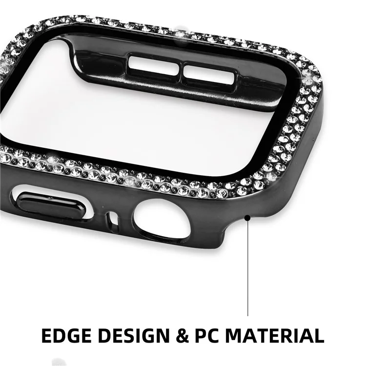 For Apple Watch Series 9 / 8 / 7 45mm Double Rhinestone Decor Protective Cover Hard PC Bumper Frame with Tempered Glass Screen Protector - Black