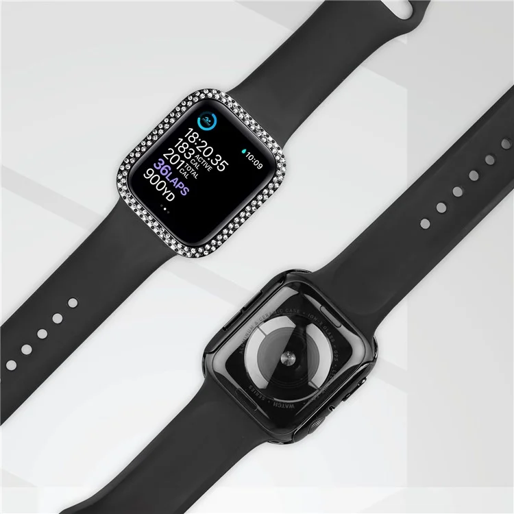 For Apple Watch Series 9 / 8 / 7 45mm Double Rhinestone Decor Protective Cover Hard PC Bumper Frame with Tempered Glass Screen Protector - Black