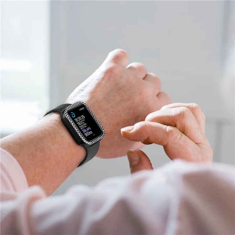 For Apple Watch Series 9 / 8 / 7 45mm Double Rhinestone Decor Protective Cover Hard PC Bumper Frame with Tempered Glass Screen Protector - Black