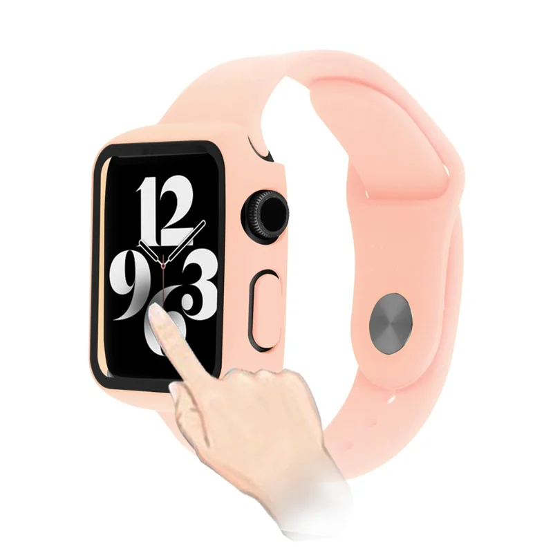 For Apple Watch Series 9 / 8 / 7 41mm Hard PC Case with Tempered Glass Screen Protector Scratch Resistant All Inclusive Protective Cover - Light Pink
