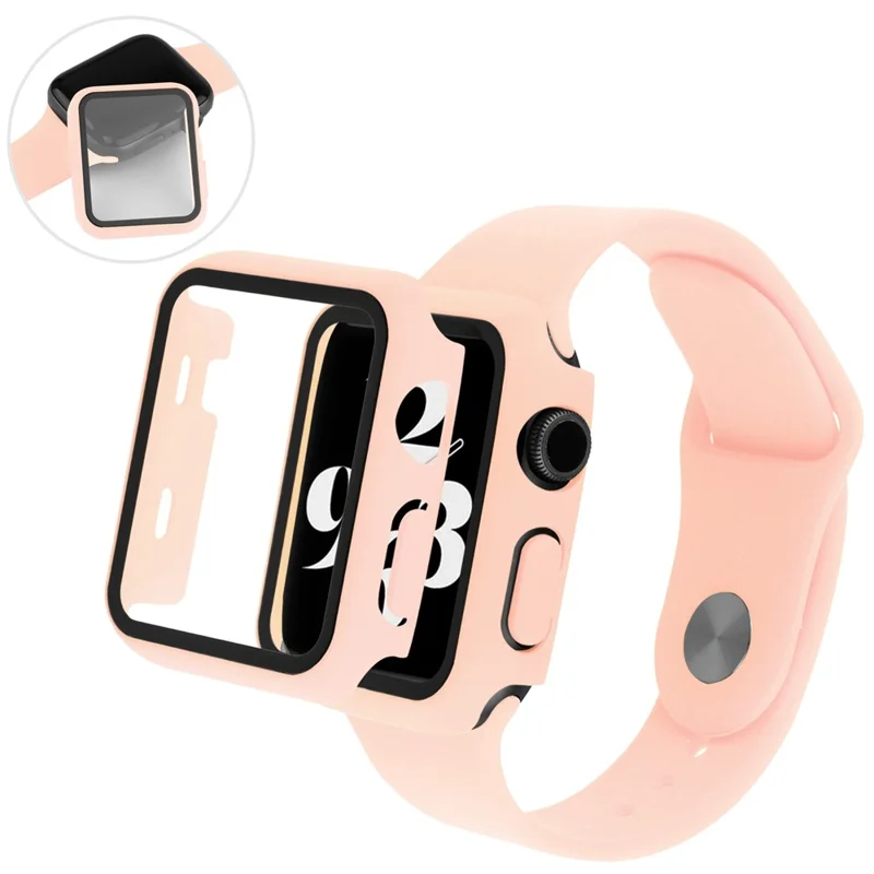 For Apple Watch Series 9 / 8 / 7 41mm Hard PC Case with Tempered Glass Screen Protector Scratch Resistant All Inclusive Protective Cover - Light Pink