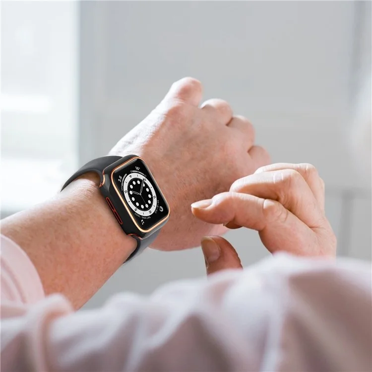 For Apple Watch Series 9 / 8 / 7 45mm Dual Color Electroplating Watch Case Built-in Tempered Glass Screen Protector Hard PC Overall Protective Cover - Black / Gold