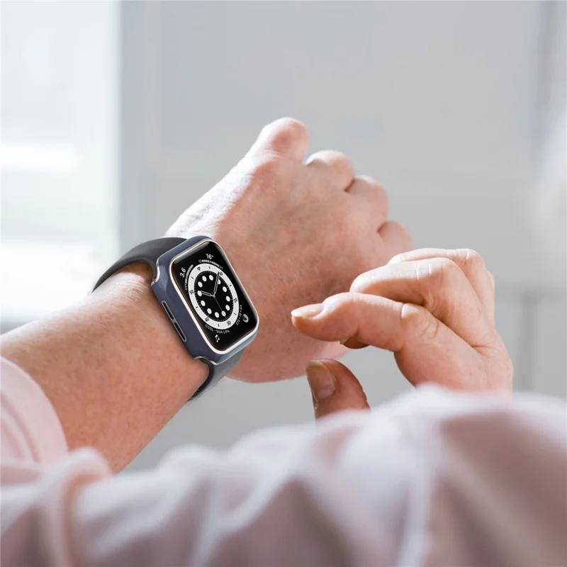 For Apple Watch Series 9 / 8 / 7 45mm Dual Color Electroplating Watch Case Built-in Tempered Glass Screen Protector Hard PC Overall Protective Cover - Blue / Silver