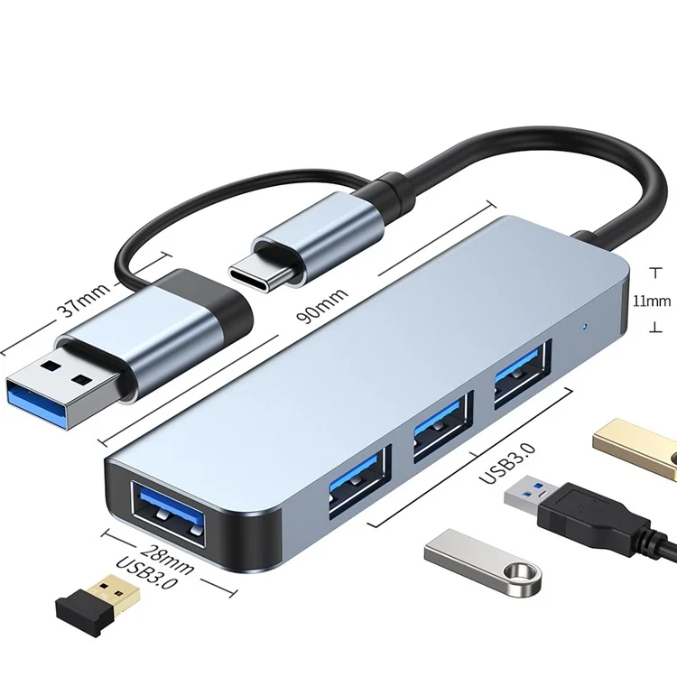 Splitter USB3.0/Type-C 4 porte USB3.0 Hub USB 4-in-1 Adattatore per telefono, laptop e computer 