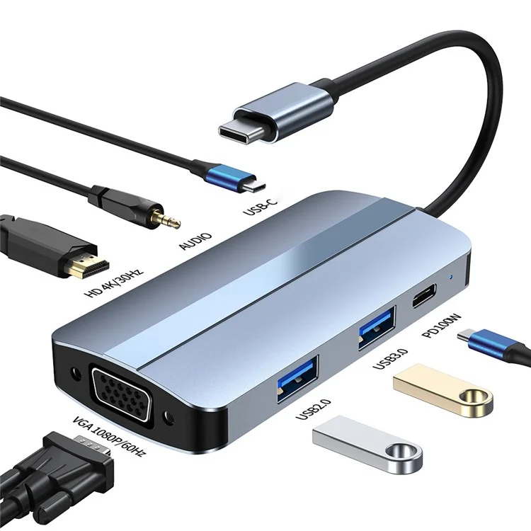 2106 Estación de Acoplamiento Tipo-c Adaptador USB Portátil Multi-puerto 7-in-1 USB-C a HD 4K / 30Hz, PD 100W, VGA 1080p, USB3.0, USB2.0