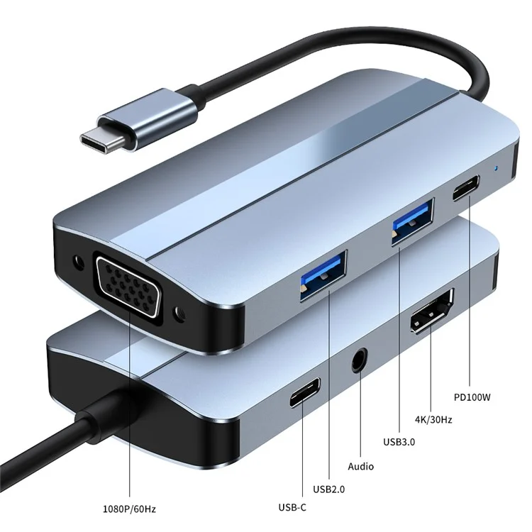 2106 Stazione di Docking di Tipo-c Adattatore USB Portatile USB Multi-Port 7 in 1 USB-C a HD 4K / 30Hz, PD 100W, VGA 1080p, USB3.0, USB2.0