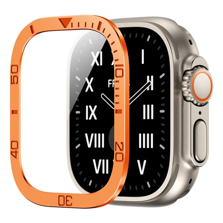 Pour Apple Watch Ultra 49 mm Temperred Glass Screen Numbers Numbers Metal Metal Cadre Avec Film Transparent Intégré - Orange