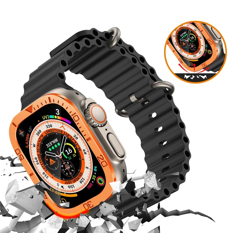 Pour Apple Watch Ultra 2 49mm / Ultra 49mm Protecteur d'écran en verre trempé Marqueurs numériques Cadre métallique avec film transparent intégré - Orange
