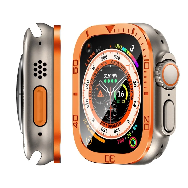 Pour Apple Watch Ultra 2 49mm / Ultra 49mm Protecteur d'écran en verre trempé Marqueurs numériques Cadre métallique avec film transparent intégré - Orange