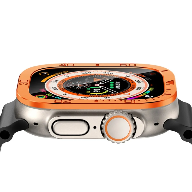 Pour Apple Watch Ultra 2 49mm / Ultra 49mm Protecteur d'écran en verre trempé Marqueurs numériques Cadre métallique avec film transparent intégré - Orange