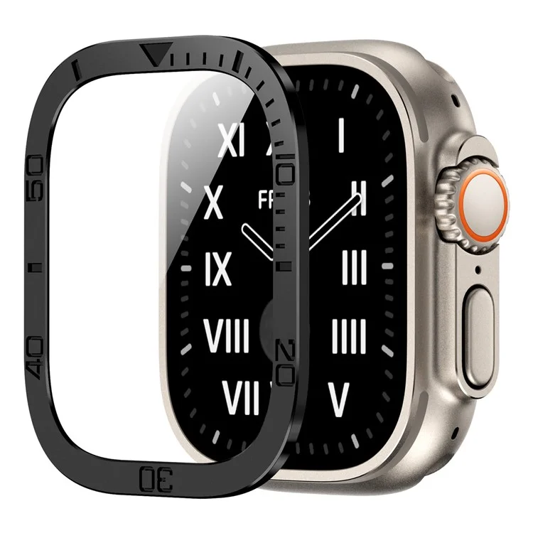 For Apple Watch Ultra 2 49mm / Ultra 49mm Tempered Glass Screen Protector Numbers Marker Metal Frame with Built-in Clear Film - Black