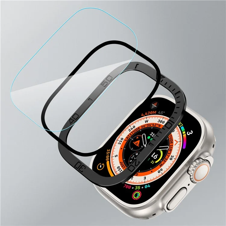 For Apple Watch Ultra 2 49mm / Ultra 49mm Tempered Glass Screen Protector Numbers Marker Metal Frame with Built-in Clear Film - Black