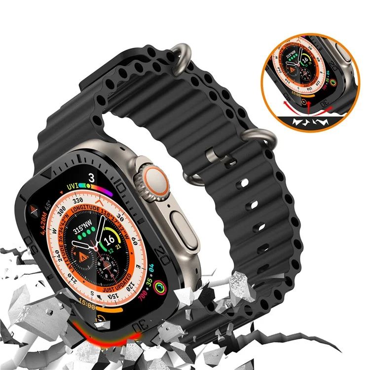 For Apple Watch Ultra 2 49mm / Ultra 49mm Tempered Glass Screen Protector Numbers Marker Metal Frame with Built-in Clear Film - Black