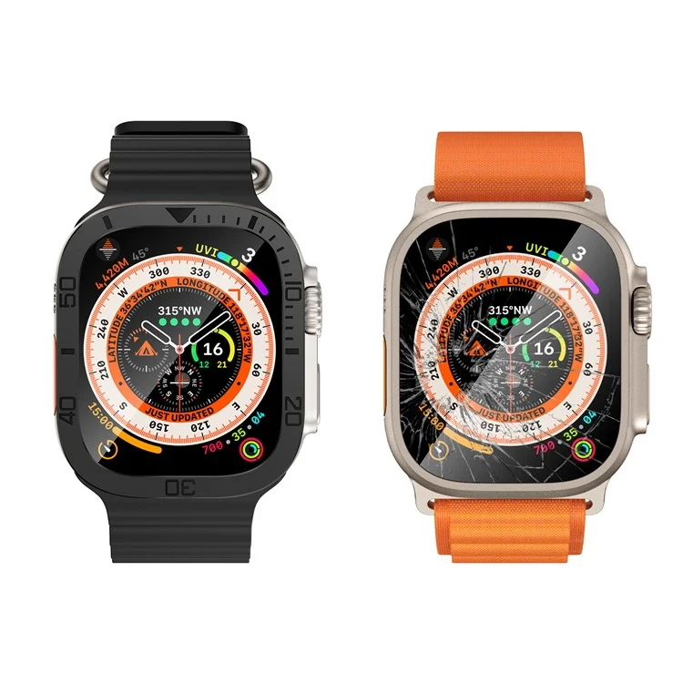 For Apple Watch Ultra 2 49mm / Ultra 49mm Tempered Glass Screen Protector Numbers Marker Metal Frame with Built-in Clear Film - Black