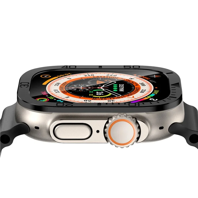 For Apple Watch Ultra 2 49mm / Ultra 49mm Tempered Glass Screen Protector Numbers Marker Metal Frame with Built-in Clear Film - Black
