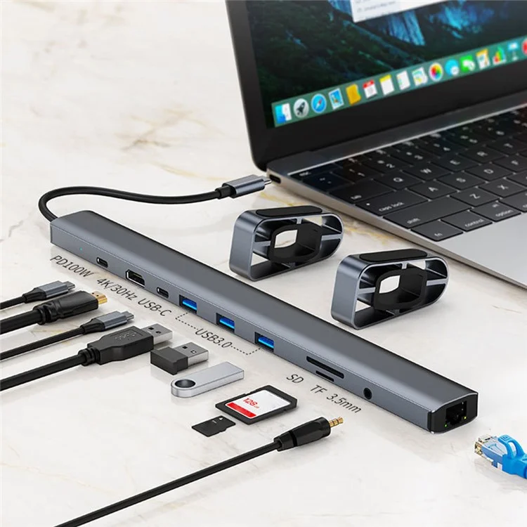 2212 10-в-1 Type-C док-станция с кронштейнами Многопортовый USB-C концентратор-адаптер с поддержкой HD+USB3.0*3+RJ45+PD