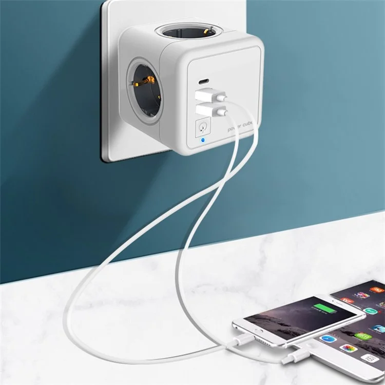 Adaptador de Soquete de Energia do Cubo Sk-01 Com USB / Portas Tipo c Tira de Energia Smart Plug Multifunctionless Sem Fio (cinza)