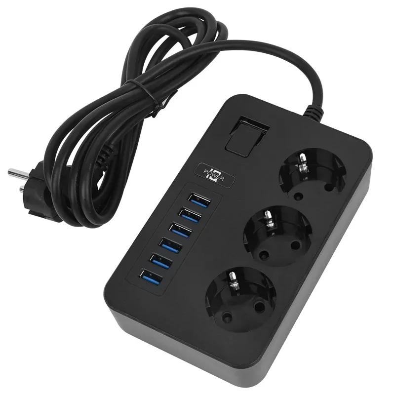 EU-Stecker 3000W Hochleistungs-Steckdosenleiste 2m Verlängerungskabel 3 AC-Steckdosen mit 6 USB-Ausgangshäfen (CE-zertifiziert)