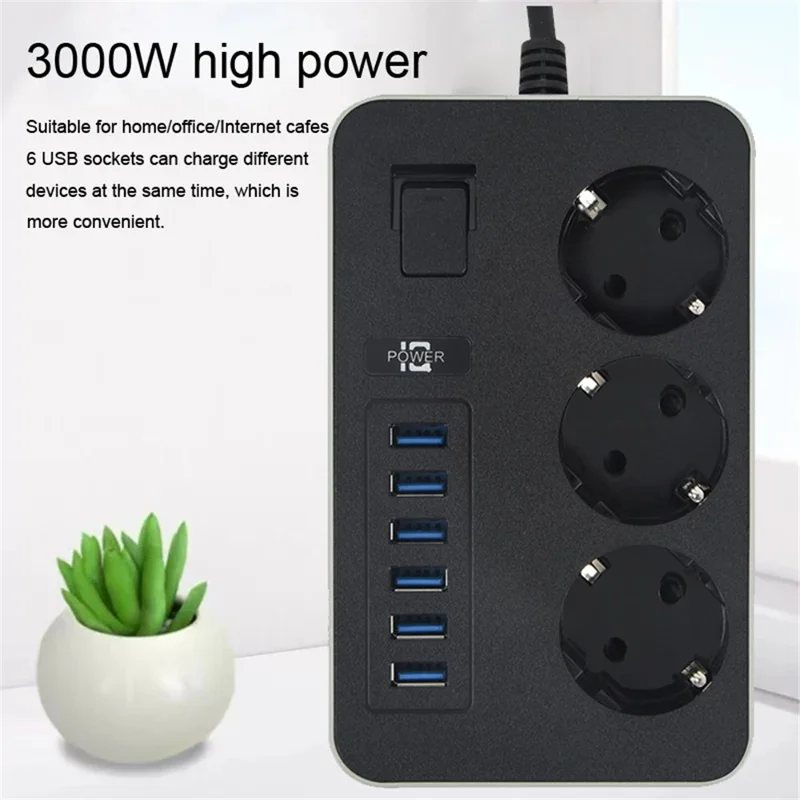 EU-Stecker 3000W Hochleistungs-Steckdosenleiste 2m Verlängerungskabel 3 AC-Steckdosen mit 6 USB-Ausgangshäfen (CE-zertifiziert)