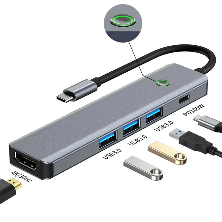 2319 Type-C Hub Adapter to 3xUSB 3.0+PD 100W+HD Video Output Ports