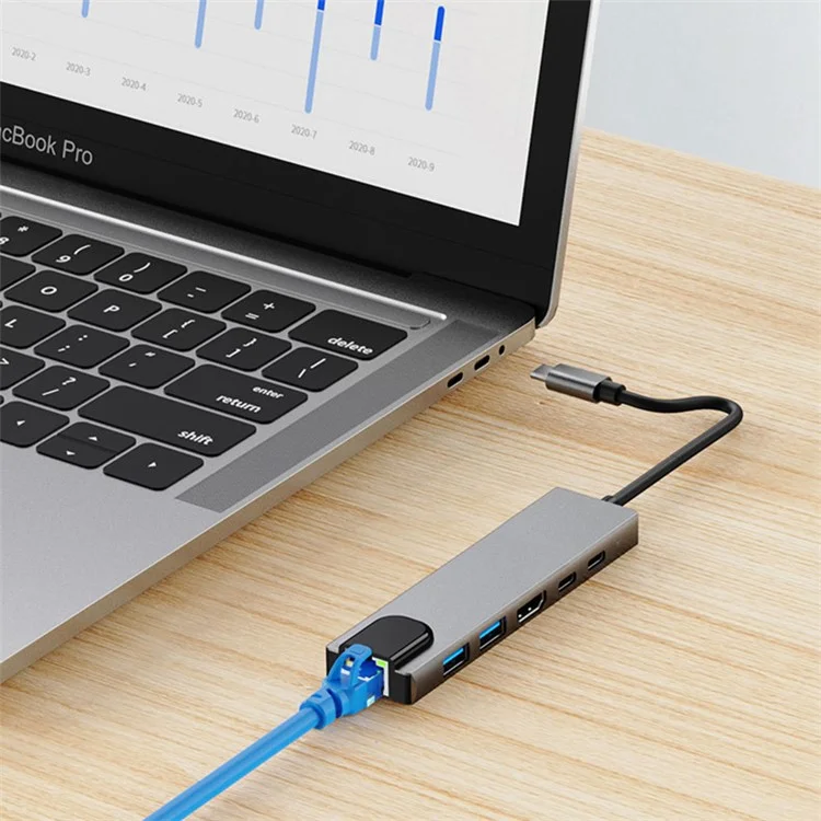2007-2C 6-in-1 Type-C Hub 4K HD Video Output RJ45 USB 3.0+2.0 Data Transfer PD 100W