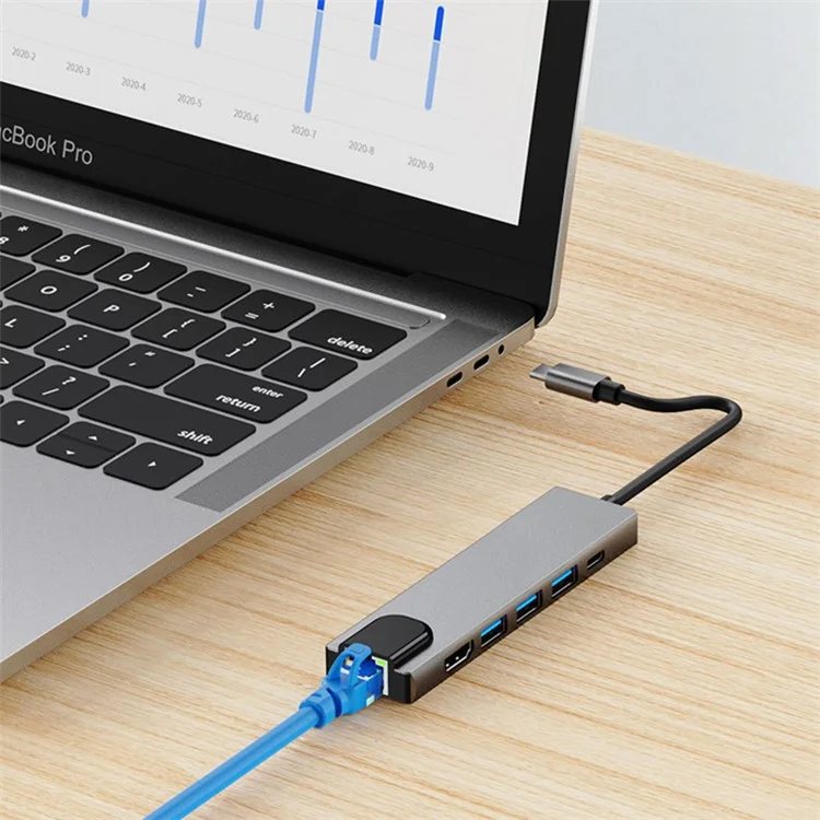 2007U3 Multi-Port Adapter Type-C Hub to PD 100W+4K HD Video+RJ45 1000M+3xUSB 3.0