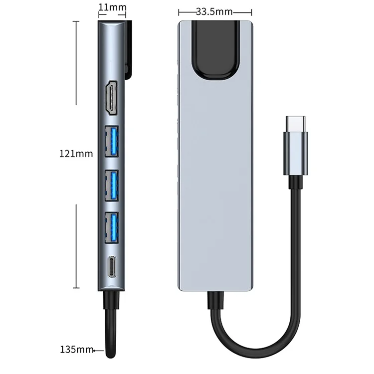 2007U3 Multi-Port Adapter Type-C Hub to PD 100W+4K HD Video+RJ45 1000M+3xUSB 3.0