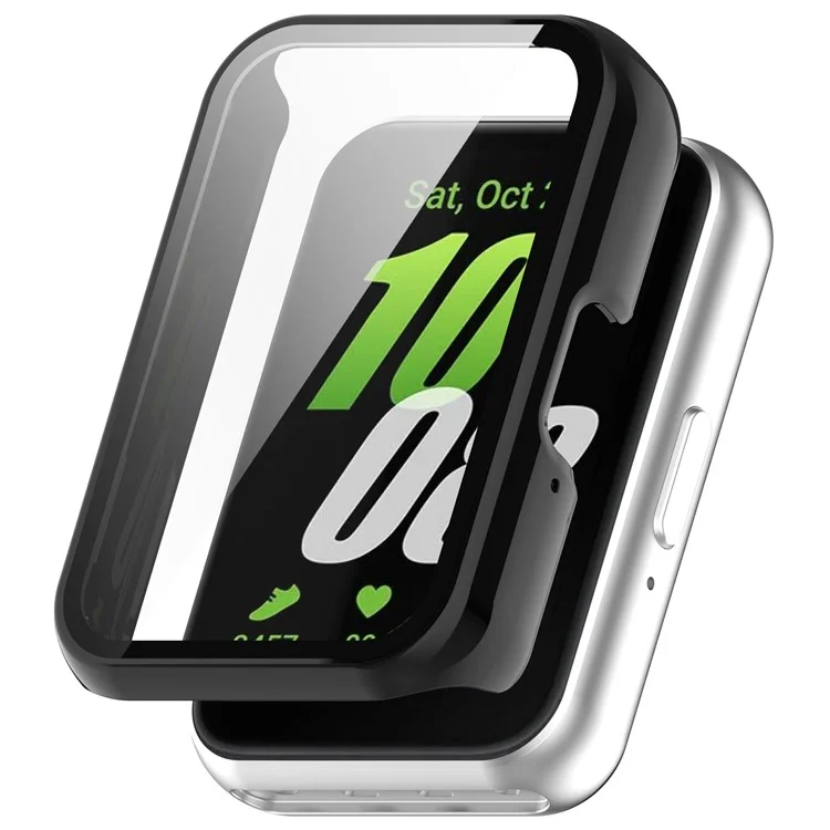 For Samsung Galaxy Fit3 (SM-R390) Case with Tempered Glass Screen Protector Full Coverage Hard PC Watch Cover - Glossy Black