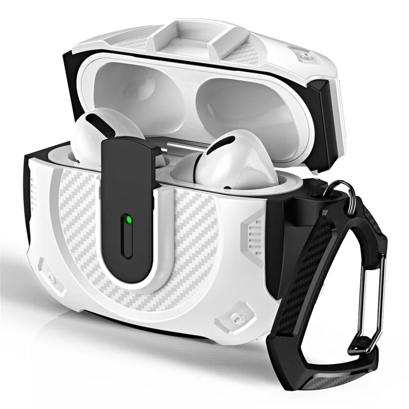 For Apple AirPods Pro Earphone Case PC+TPU Lock Design Headphone Cover with Hanging Hook - Black+White
