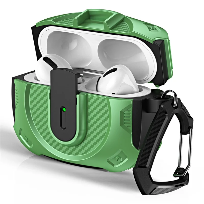 For Apple AirPods Pro Earphone Case PC+TPU Lock Design Headphone Cover with Hanging Hook - Black+Green